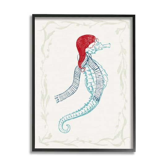 Stupell Industries Coastal Christmas Seahorse Santa Framed Giclee Art